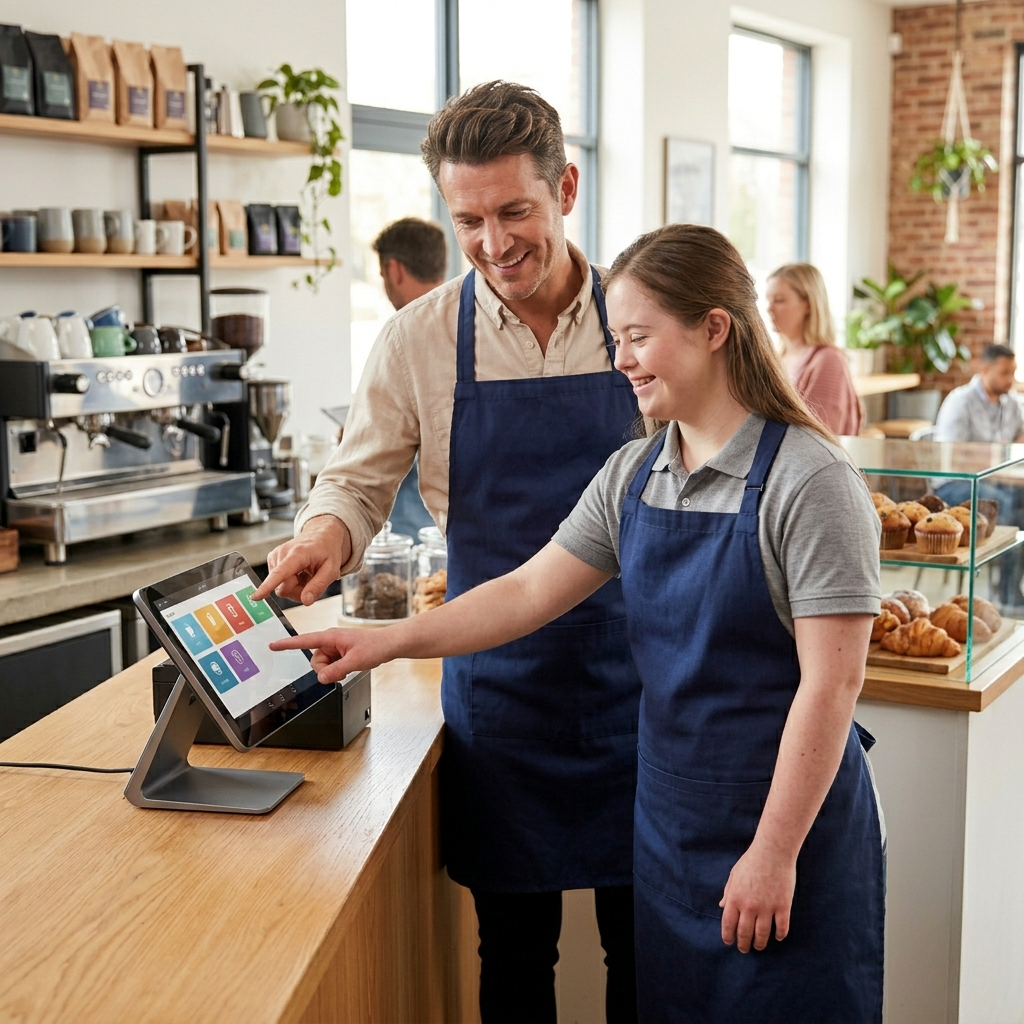 Job coach helping an employee learn the register at a coffee shop