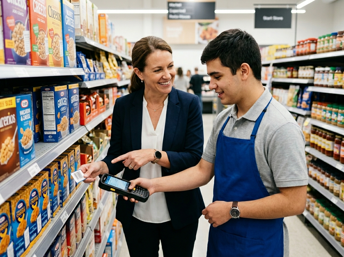 Job coach helping an employee stock shelves in a grocery store